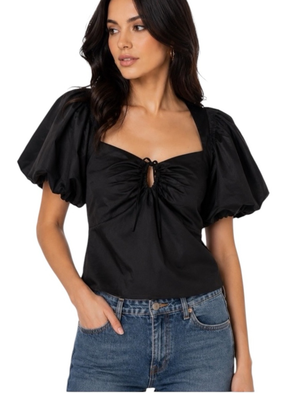 Frame NWOT Puff Sleeve Tie Front Top Sz XS Black Noir Cotton Poplin Minimalist